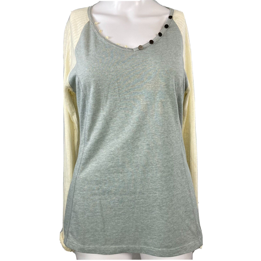 Lucy T-Shirt Women Sz S Gray Ivory Button V Neck Long Raglan Sleeve Jersey Knit